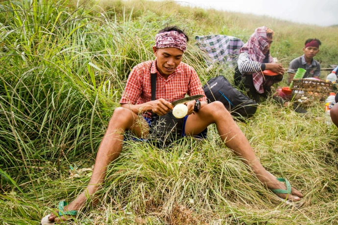 a person sitting in a grassy area